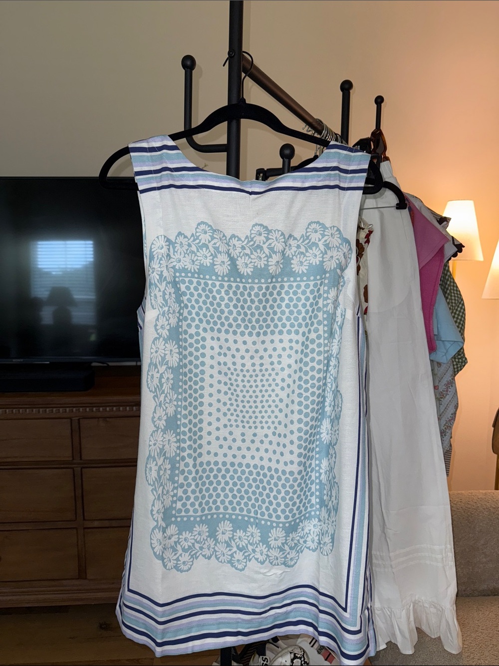 Free People White and Light Blue Floral-Print Mini Dress